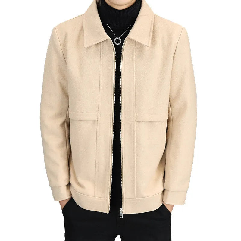 A man's khaki casual jacket with a polo collar and side seam pockets.