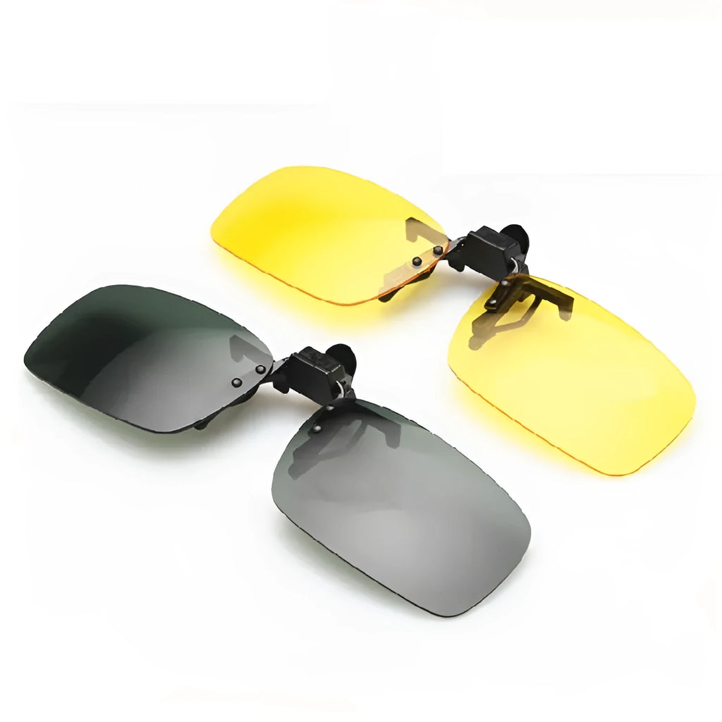 Clip-on myopia sunglasses showing PC lens in choice of grey, dark green or night vision tint, designed for driving and outdoor sports.