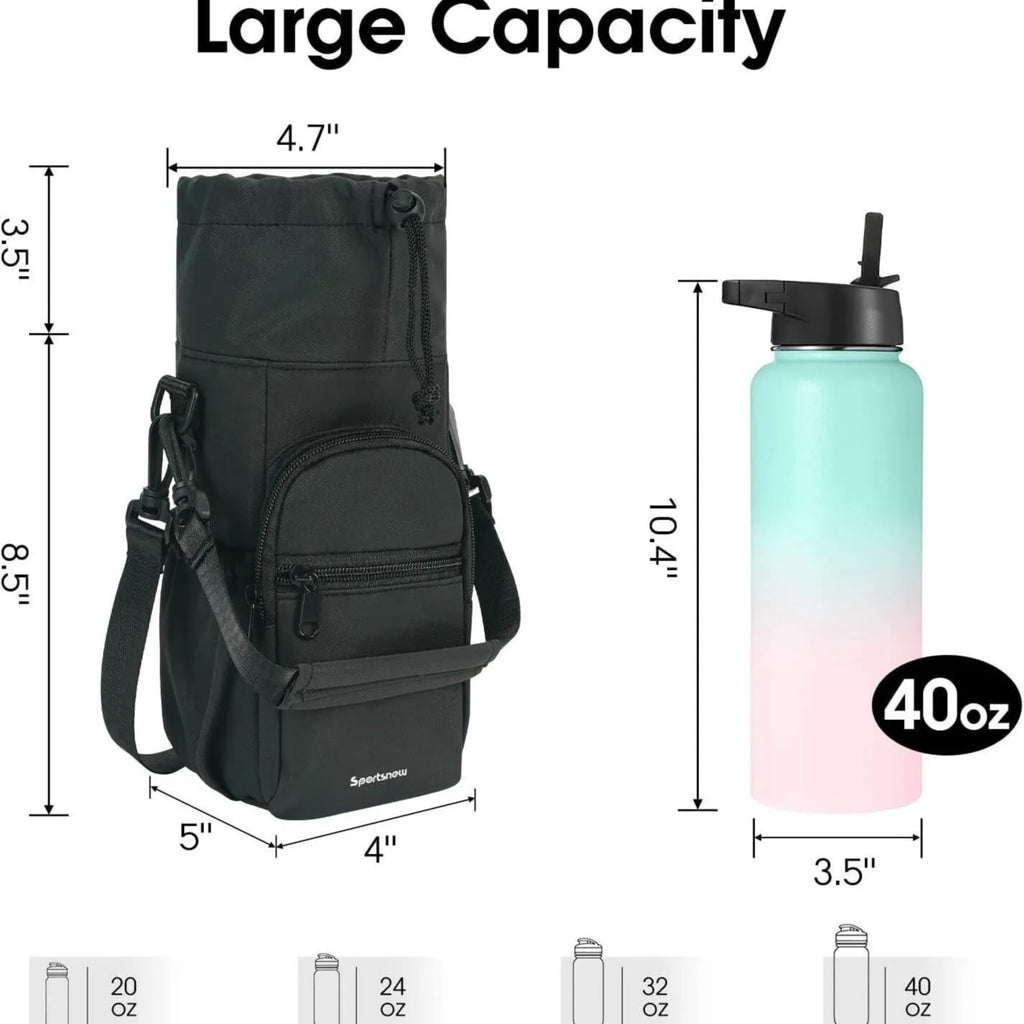 Cloth water bottle pouch with crossbody strap in black green pink colours