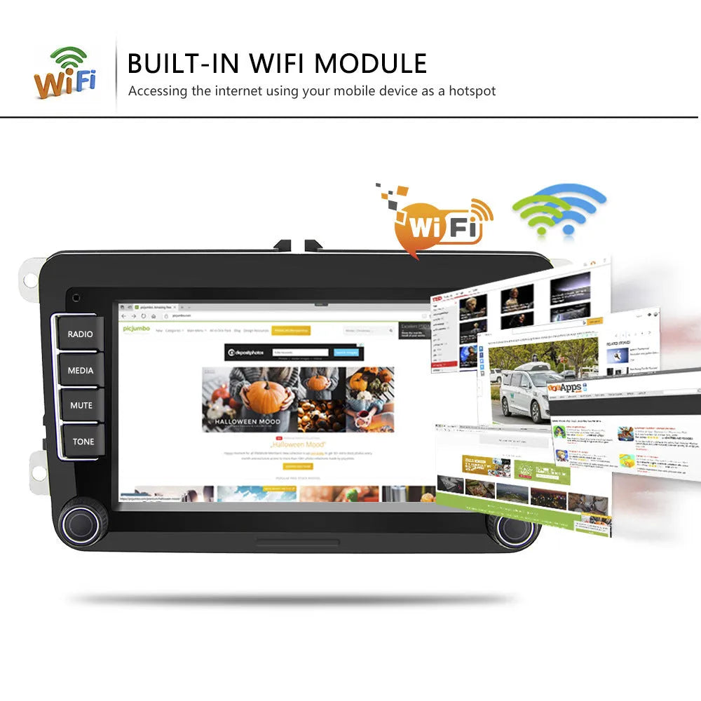 Universal 7-inch Android car player for Volkswagen dashboard with touchscreen display.