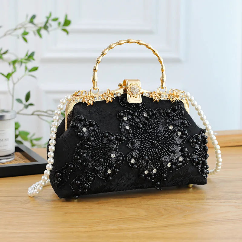 Pearl embroidered fashion handbag with double shoulder straps in horizontal square shape