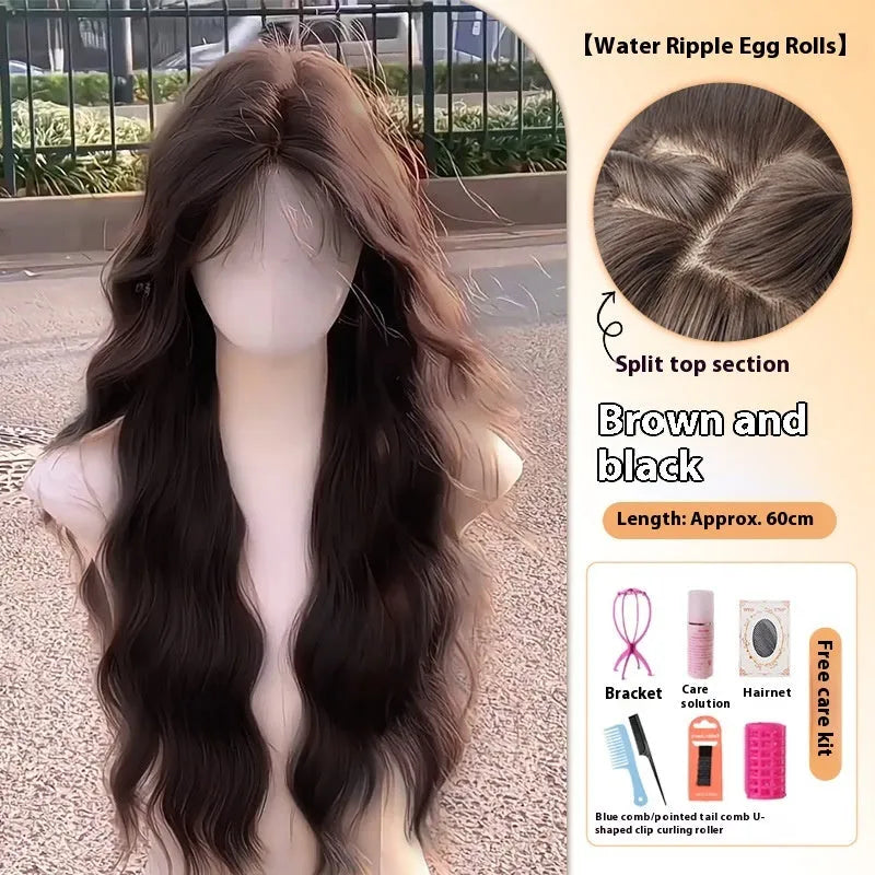 Full-head synthetic wig with long curly hair and side bangs in brown colour