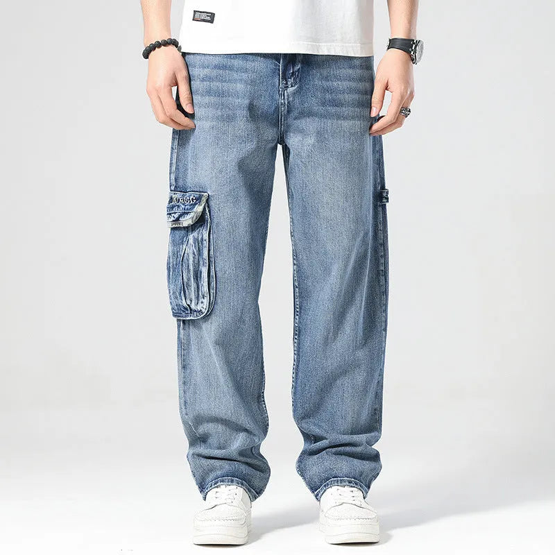 Men's loose fit hip hop trousers with multiple pockets in retro denim styling