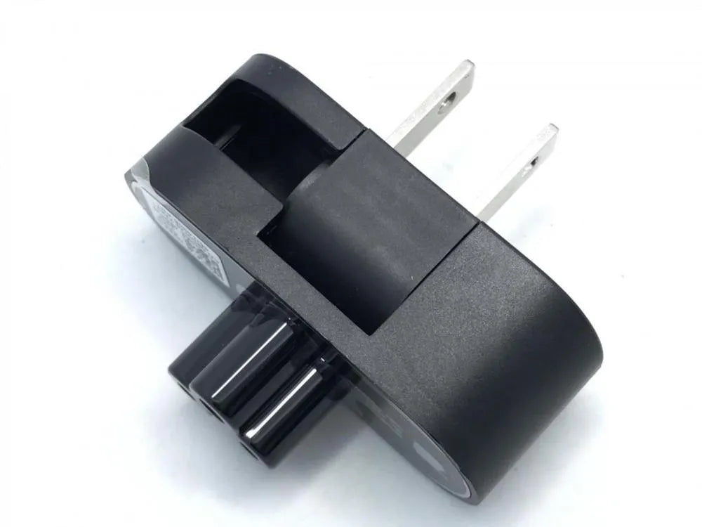 Black notebook power head folding plug with two forks shown in straight and 90-degree positions