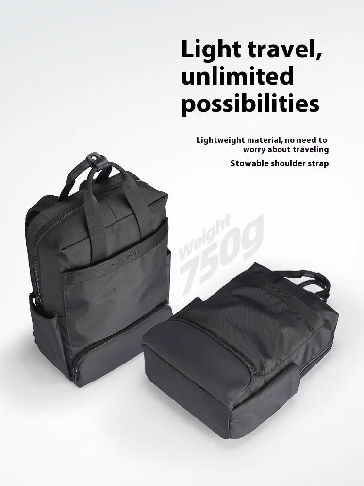 Elegant black Oxford cloth computer backpack showing 20-35 litre capacity
