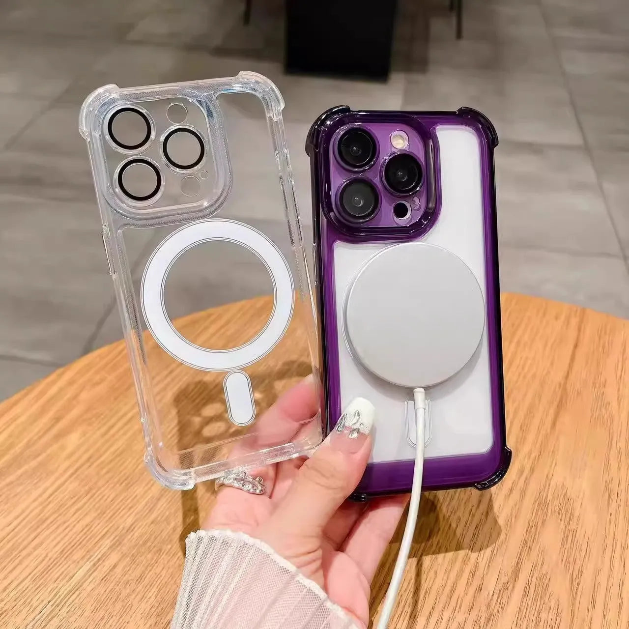 Transparent airbag silicone phone case for iPhone with built-in camera lens protector.
