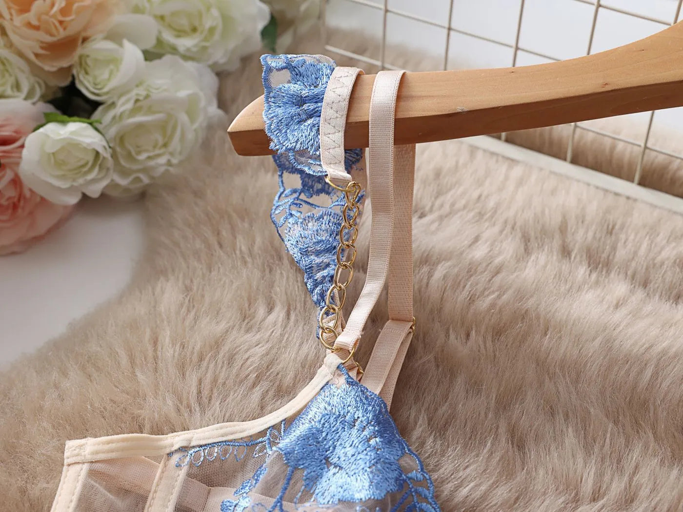 Embroidered underwear set with transparent push-up bra and pants in light blue or purple, lace fabric, sizes S M L