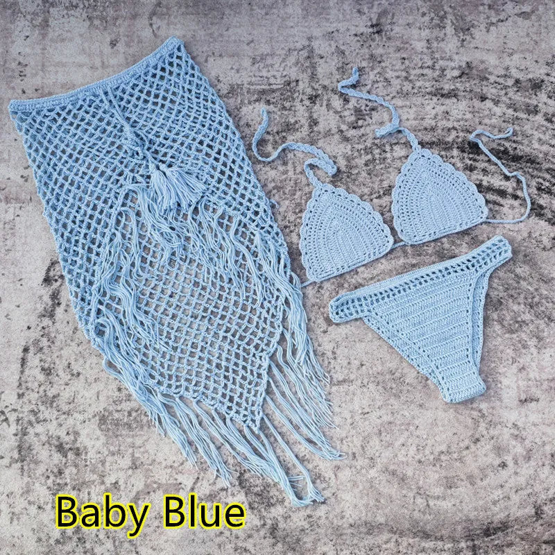 Handmade crochet bikini set with matching beach skirt in blue colour, showing three separate pieces