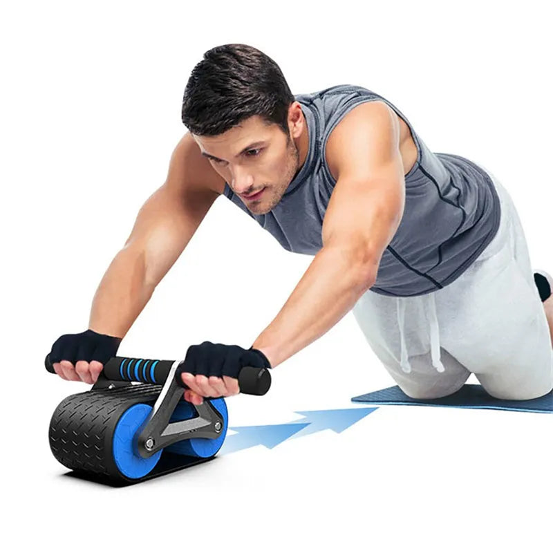 Double wheel abdominal exerciser with automatic rebound, blue orange red ABS ab roller with kneeling pad