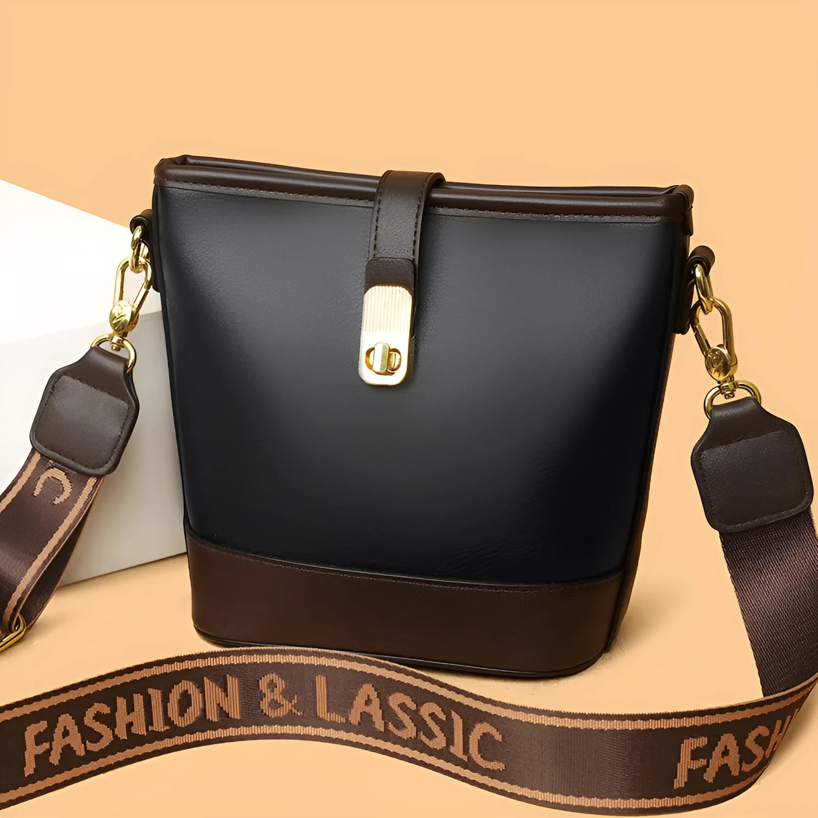 Soft black PU leather bucket bag with double shoulder straps and multiple compartments