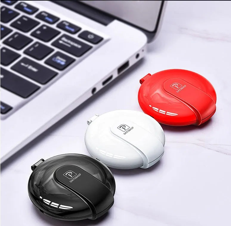 Black 3-in-1 magnetic retractable car phone charger with triple plugs and 1 metre cable