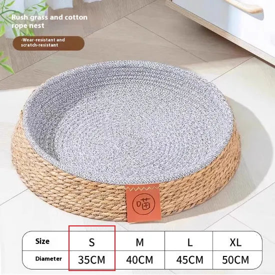 Natural woven rattan cat bed or nest for pets, shown in a bowl shape.