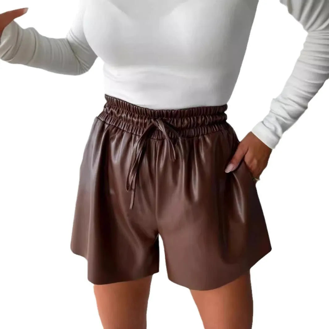 Women's black drawstring lace-up PU leather wide-leg casual shorts with straight-leg design and mid-waist fit