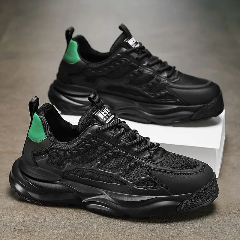 Men's breathable mesh shoes with PU upper material in black or white, showing round toe design