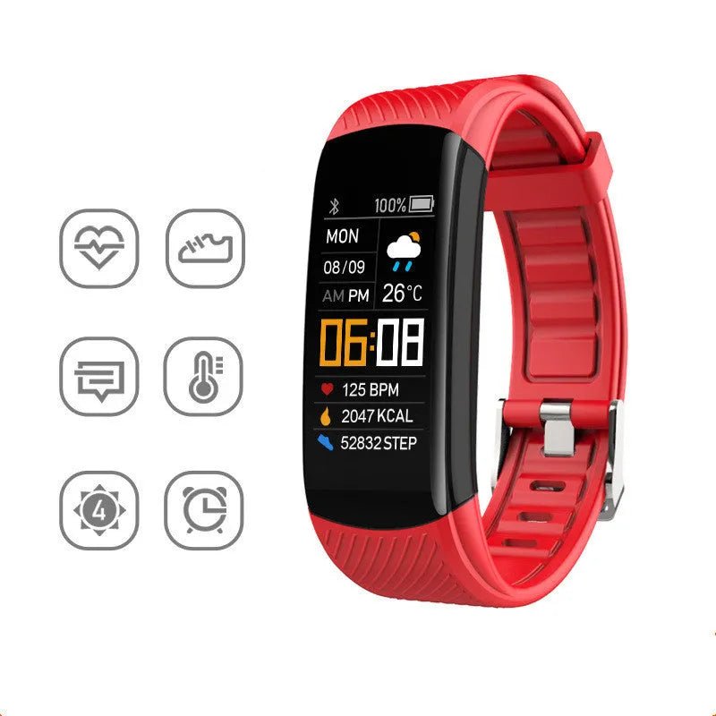 Black TPU pedometer bracelet with 0.96-inch touchscreen displaying step count on wrist
