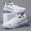White low-top mesh trainers with rotating button lace-up and rubber soles for sports and casual use