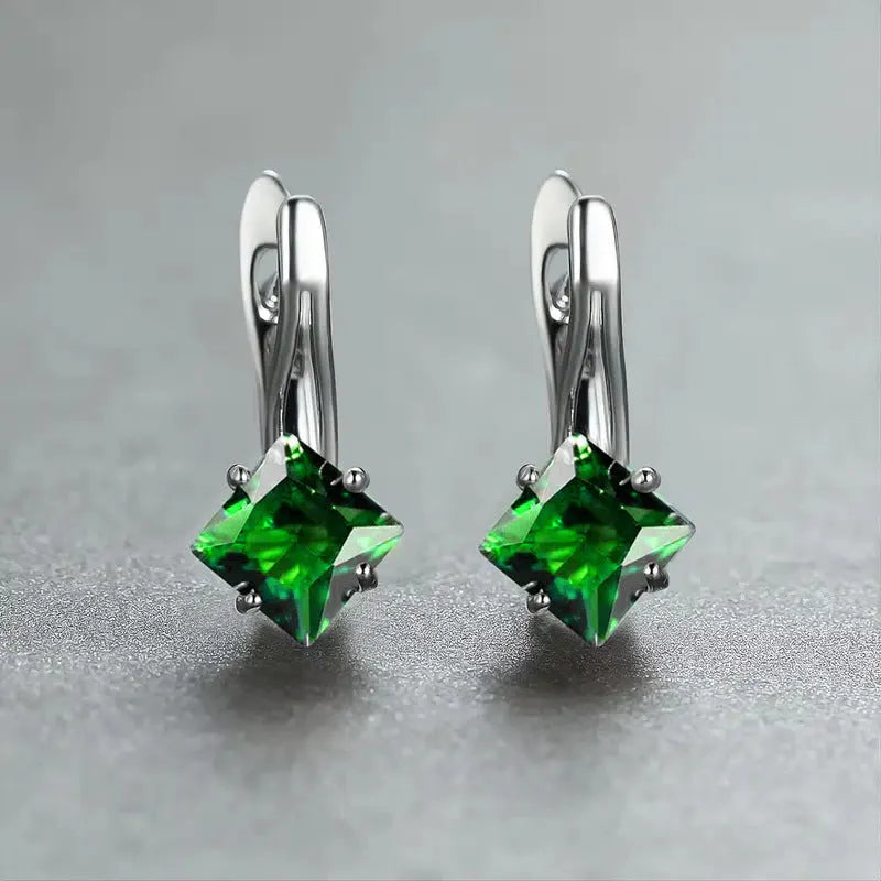 Copper earrings with inlaid zircon diamond design in blue, green, and colour variants for women