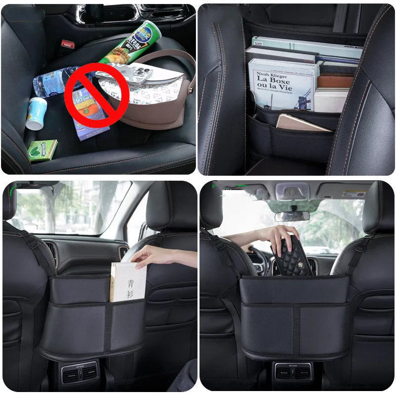 Black leather car seat storage bag with carbon fibre pattern, 38cm long, placed in middle of car seat
