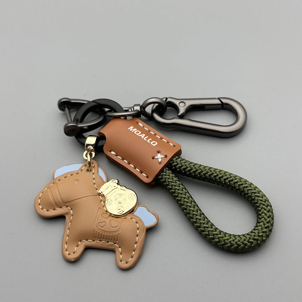 Handmade cowhide car key ring pendant with zinc alloy pony belt buckle and flanelle rope in various colours