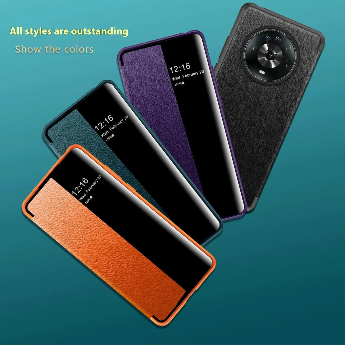 Huawei flip phone case in purple, orange, or black with imitation leather finish and smart sleep window