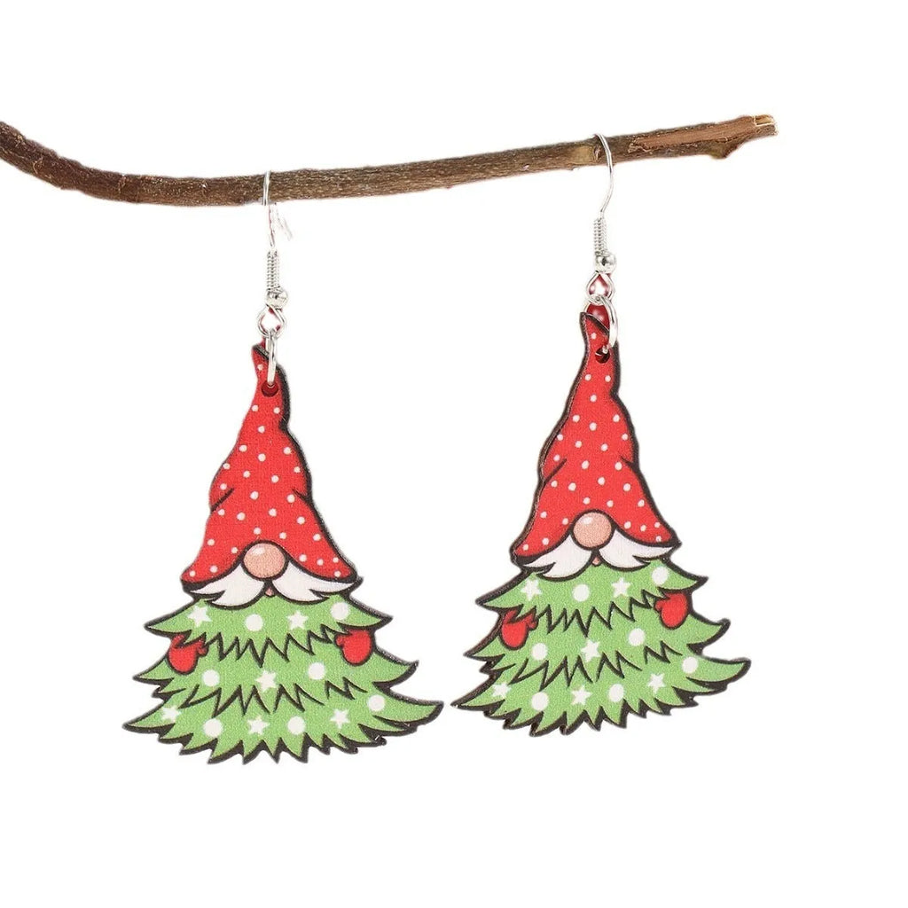 Wooden Christmas earrings with 3.5cm tree and 4cm snowman geometric shapes featuring printed festive details
