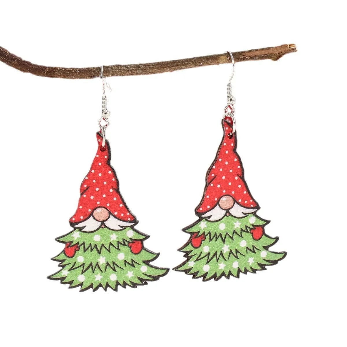 Wooden Christmas earrings with 3.5cm tree and 4cm snowman geometric shapes featuring printed festive details
