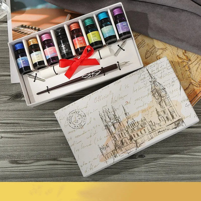 Wooden dip pen gift set with coloured ink bottles in presentation box for calligraphy writing