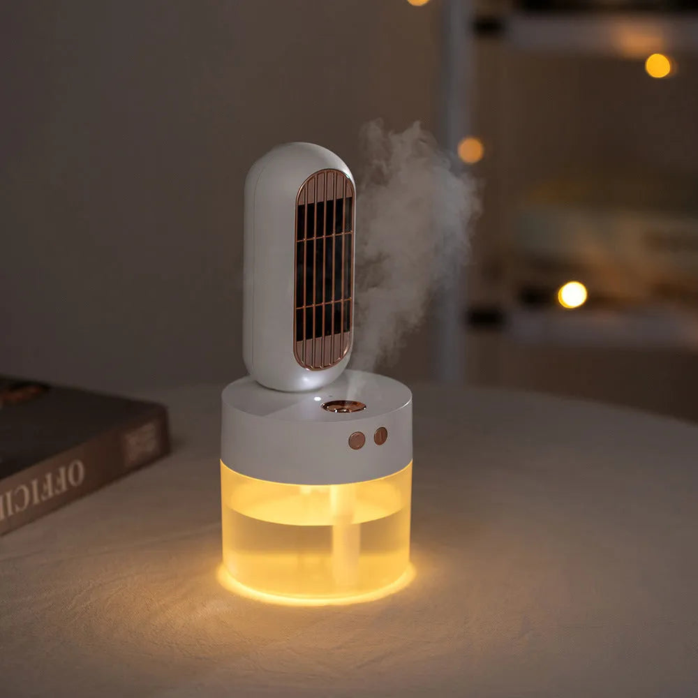 Small black and white desktop humidifier fan with shaking head oscillation and USB charging port