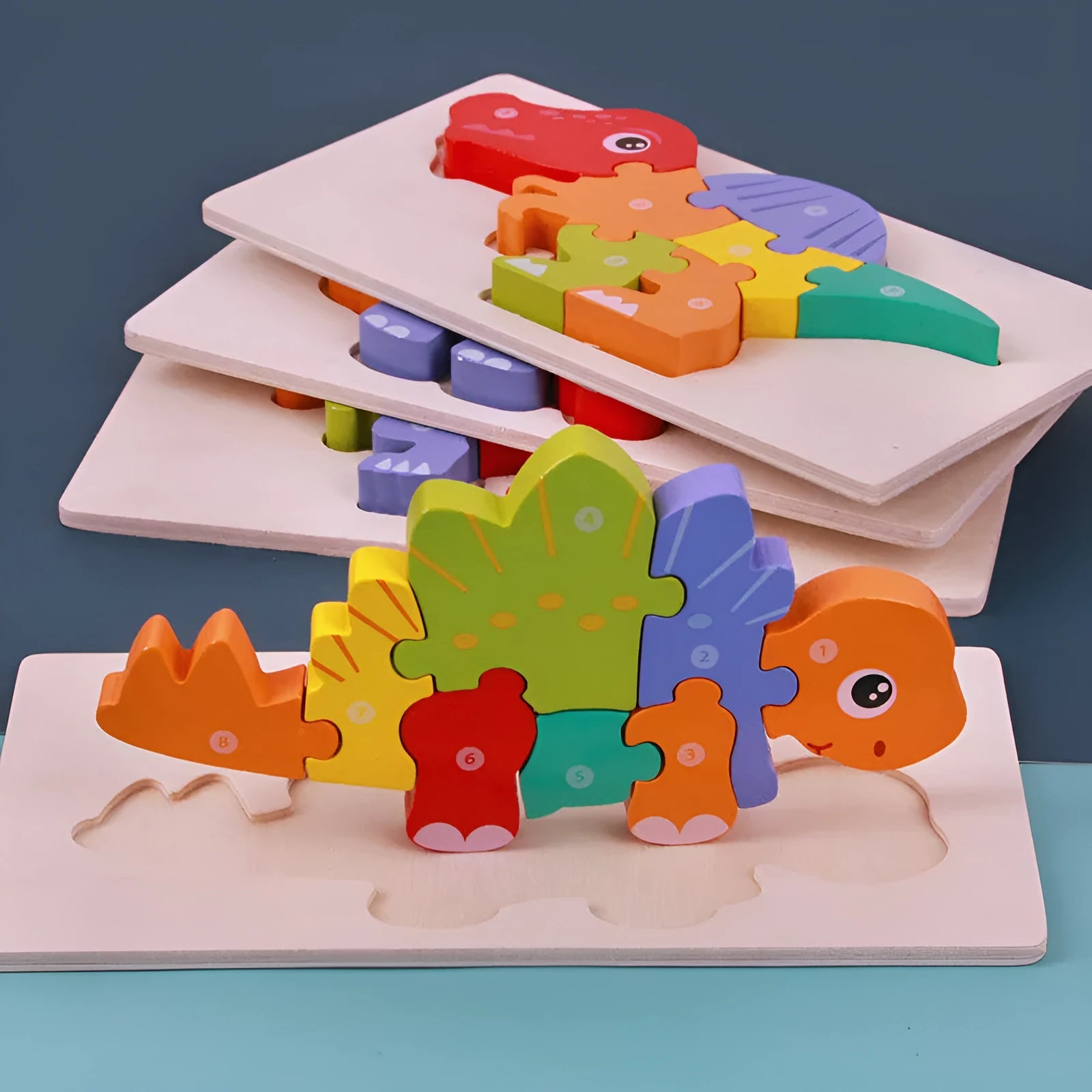Wooden dinosaur 3D puzzle building blocks set showing six prehistoric dinosaur designs for children