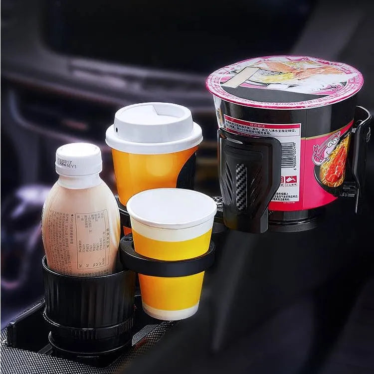 Black adjustable car cup holder with retractable base showing 6.5-10cm diameter range