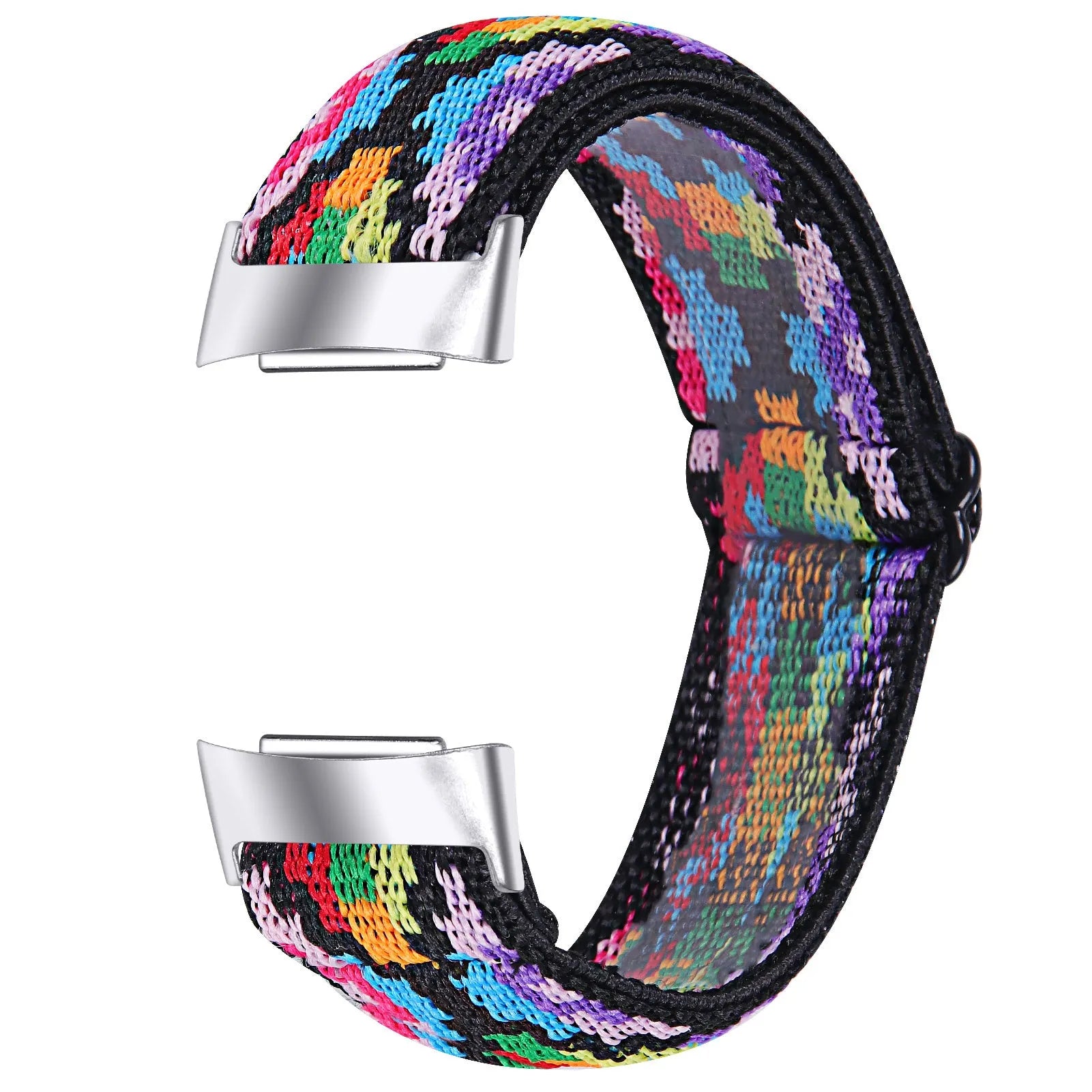 Adjustable printed elastic watch strap compatible with Fitbit Charge 6, shown in a vibrant colour design.