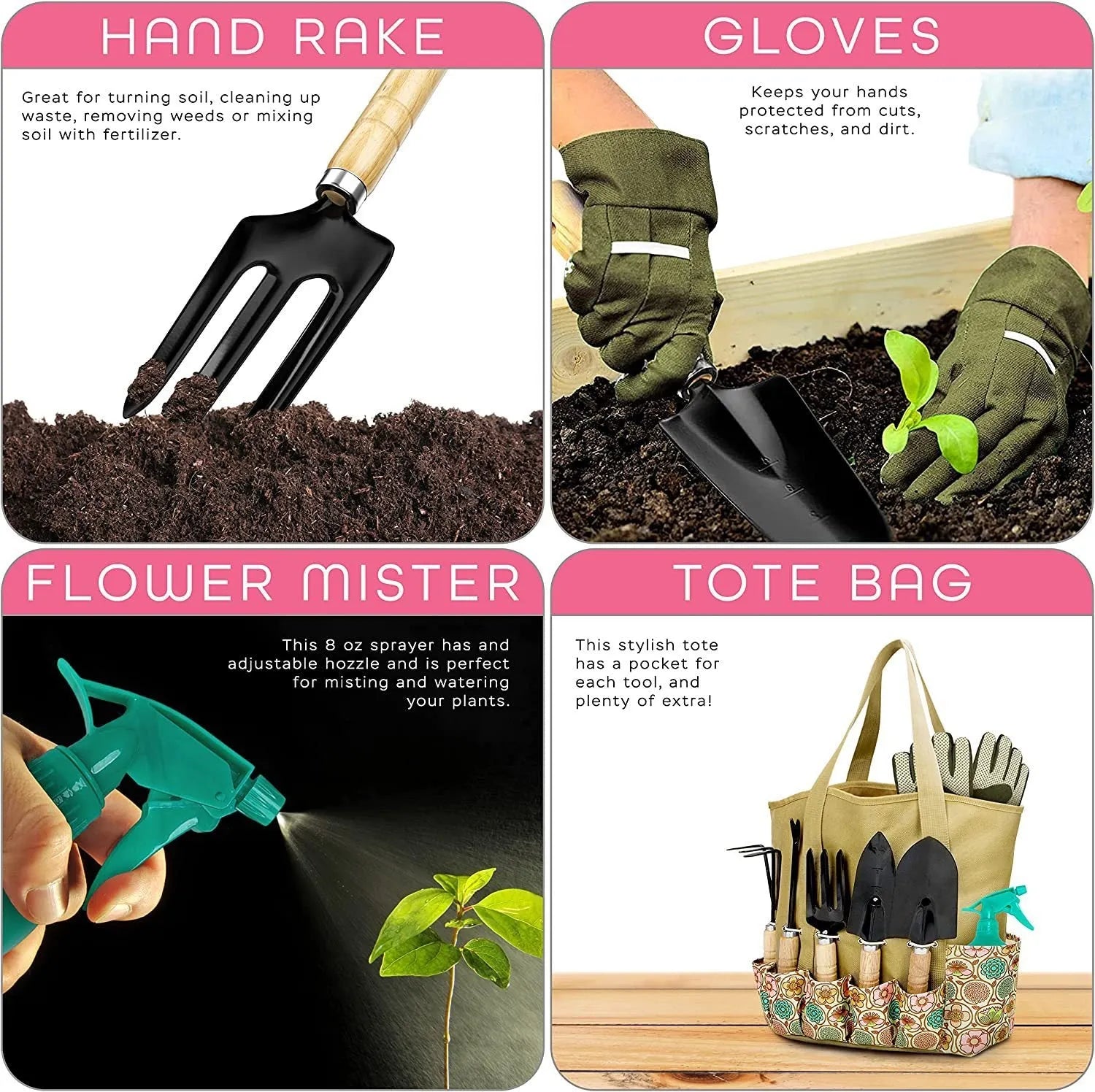 Stainless steel gardening tool set of 8 pieces including trowel, transplanter, cultivator, and other implements