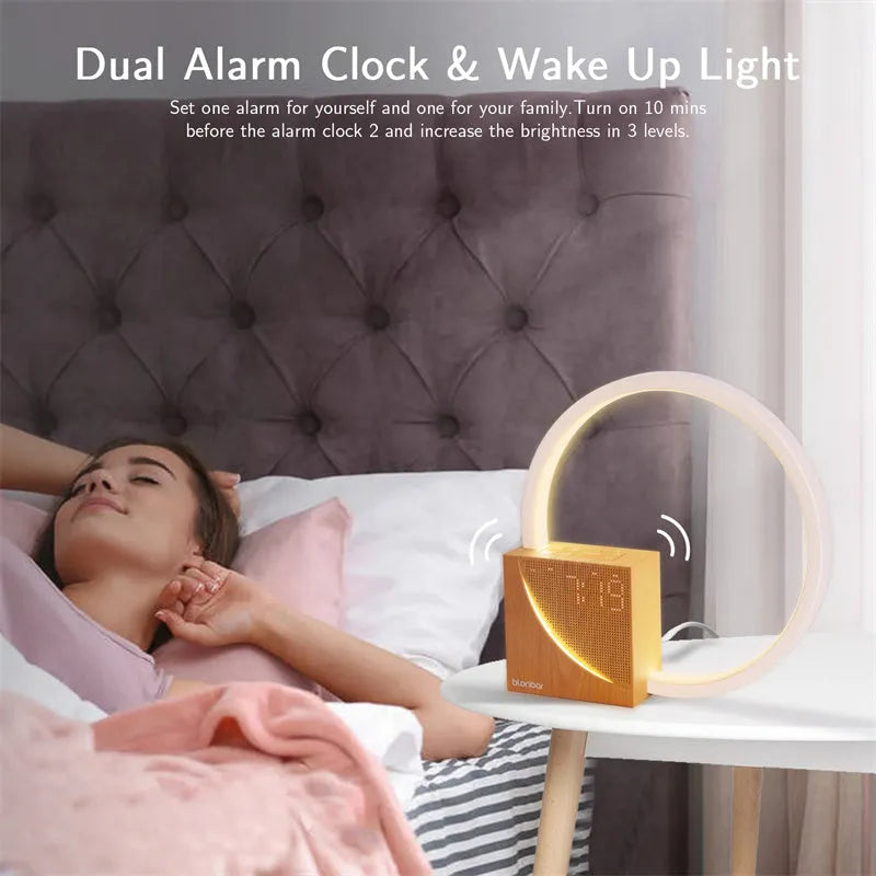 Touch control bedside lamp with alarm clock and natural sounds in navy blue finish