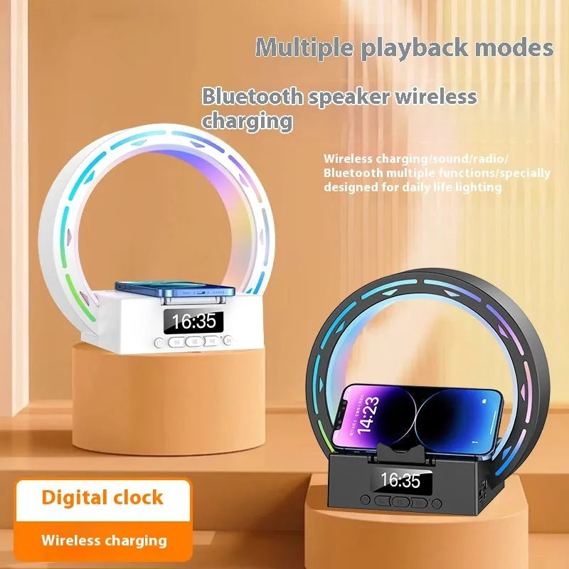 4-in-1 wireless Bluetooth speaker charging pad bedside lamp with digital alarm clock in black or white colour