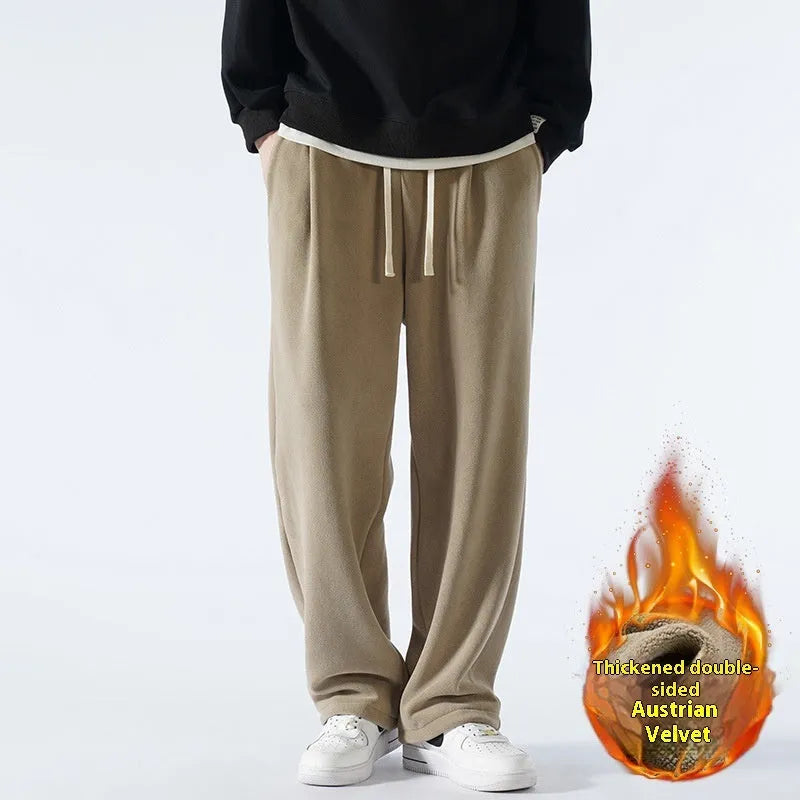 Men's double-sided polar fleece-lined winter trousers with drawstring waist in apricot, black, or dark grey