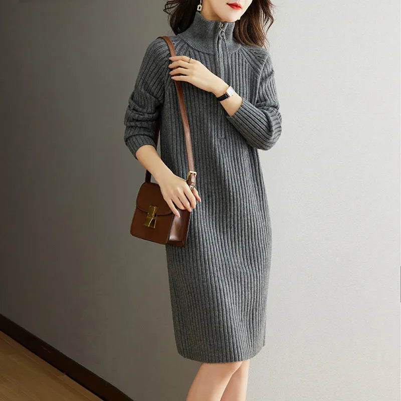 Beige casual women's skirt with a half zip on the stand collar and loose straight fit.