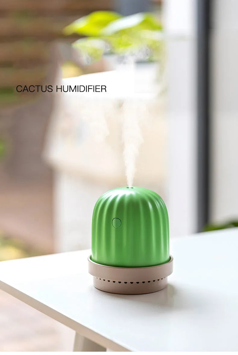 Cactus humidifier night light in green, pink, or white, 260ml tank, USB or rechargeable, 98 x 98 x 112mm