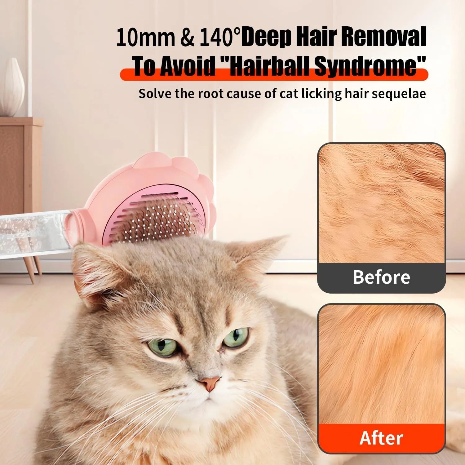 Spray cat brush with grey handle, curved metal pins, and release button for pet grooming and hair removal