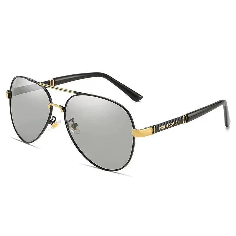Men's polarised sunglasses with metal frames, dragon-phoenix decoration, and grey lenses for UV400 protection
