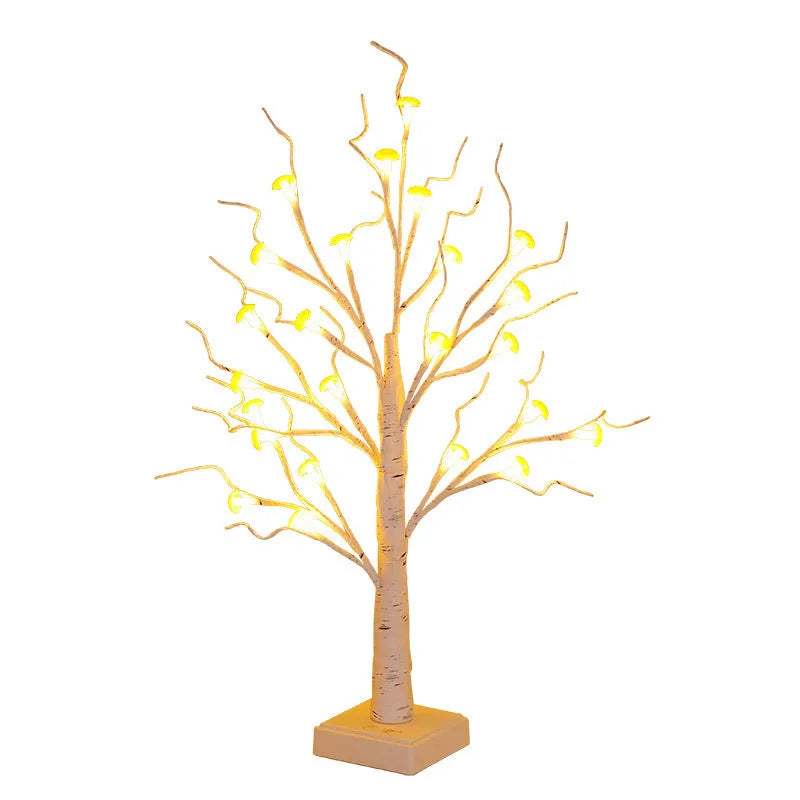 60cm tall mushroom tree lamp with 24 detachable LED flowers, birch design, and dual power options