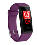 Colour screen smart bracelet with OLED display shown in black, blue, and violet colour options.