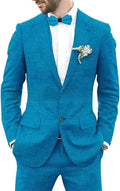 Men's slim fit suit jacket and trousers in a linen hemp blend fabric on a hanger