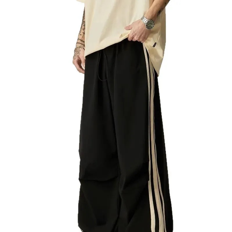 Men's black wide leg climbing pants with high-waist straight-leg design for leisure wear