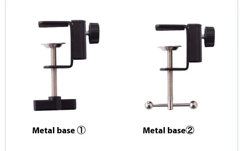 Black foldable metal desktop lazy bracket with tablet clip, showing 360-degree rotation and adjustable cantilever arm