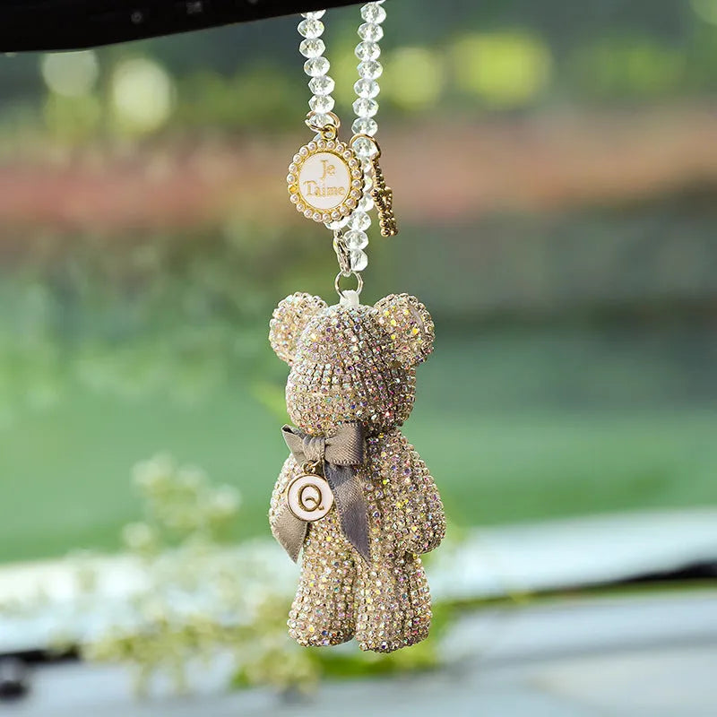 Car rearview mirror pendant with 5x9cm Violent Bear design in artificial crystal rhinestone, available in black, white, and mixed pastel colours