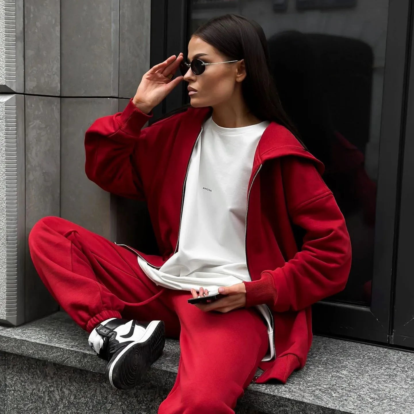 Red loose-fit long sleeve coat and trousers street style two-piece set on a hanger