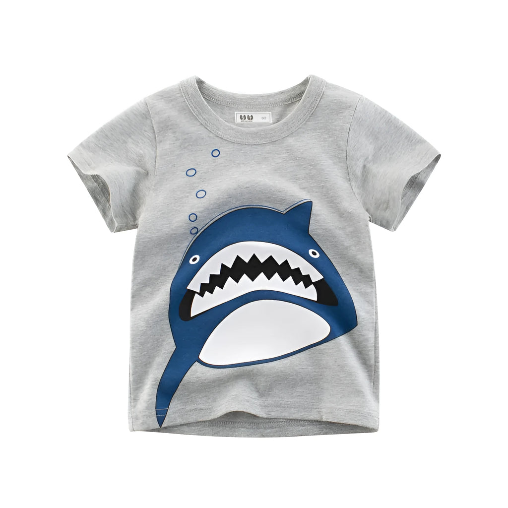 Grey cotton children's short sleeve T-shirt on a size chart