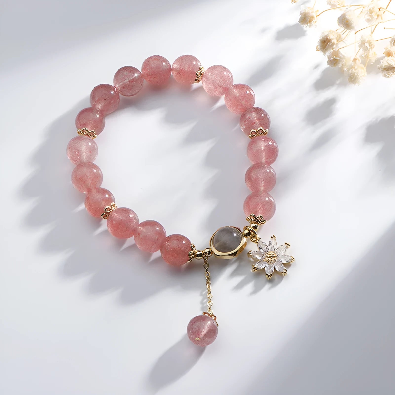 Strawberry quartz crystal bracelet with electroplated flower charm in mori Korean style