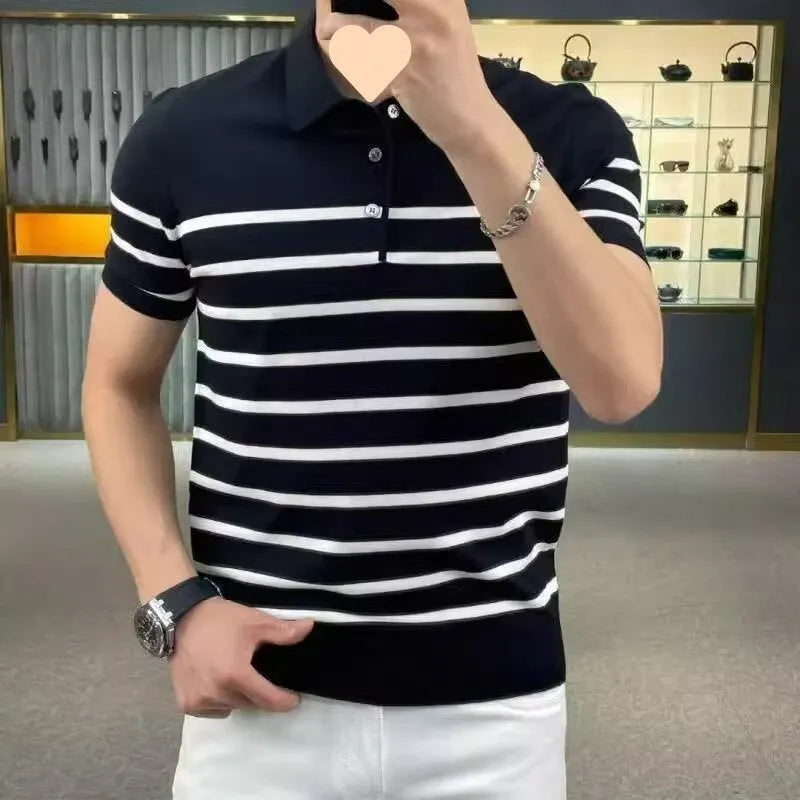 Black and white striped lapel knitted T-shirt with pullover style and non-ironing fabric