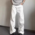 Men's white straight-leg jeans with a loose fit, made from 100% cotton denim, showing mid-waist and zipper fly.